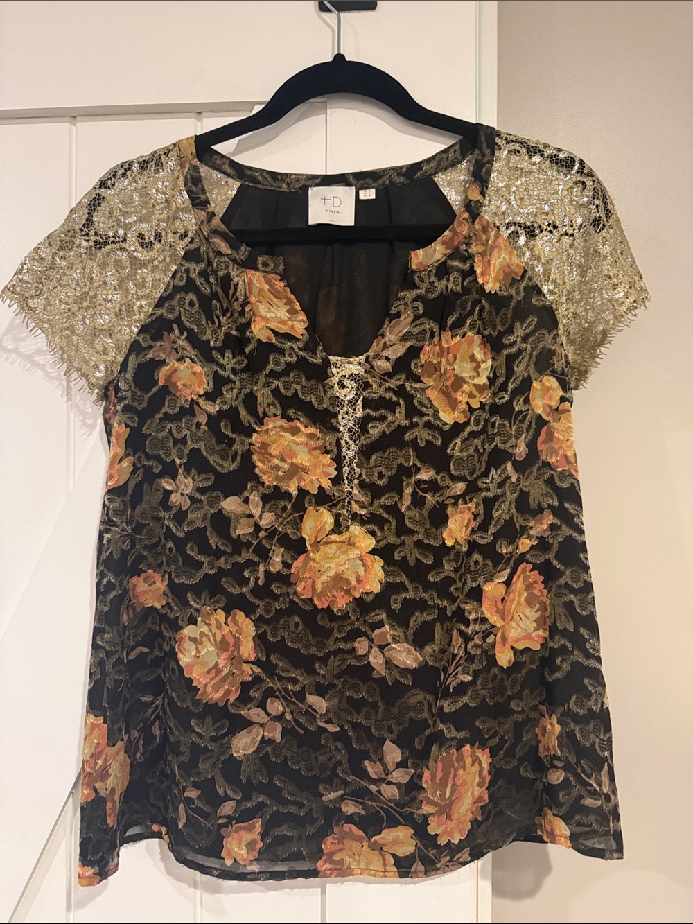 HD in Paris Black Blouse with Gold Lace & Orange Floral